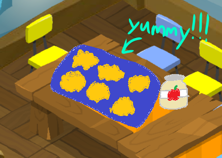 a crude drawing of six latkes on a tray with applesauce next to it. it's edited onto the table in the den with the word "yummy!" pointing at it